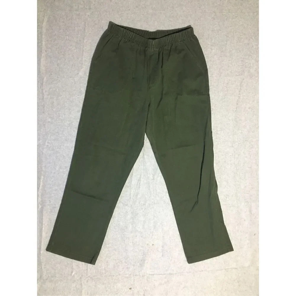 Womens White Stag Pants Size 10 Petite Green Stretchy Waistband Straight Leg